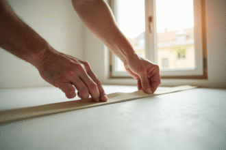 Main d'un bricoleur appliquant du ruban de joint sur des joints de placo