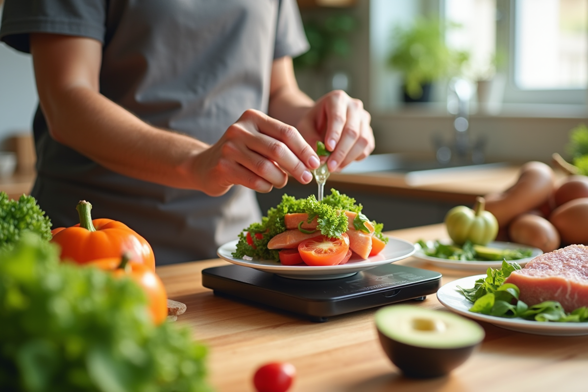 Mains préparant un repas sain dans une cuisine lumineuse