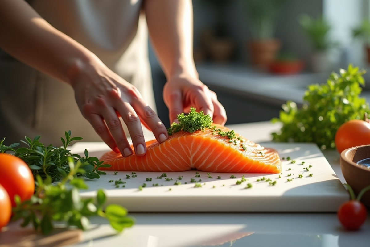 Préparation d un plat de saumon dans une cuisine lumineuse