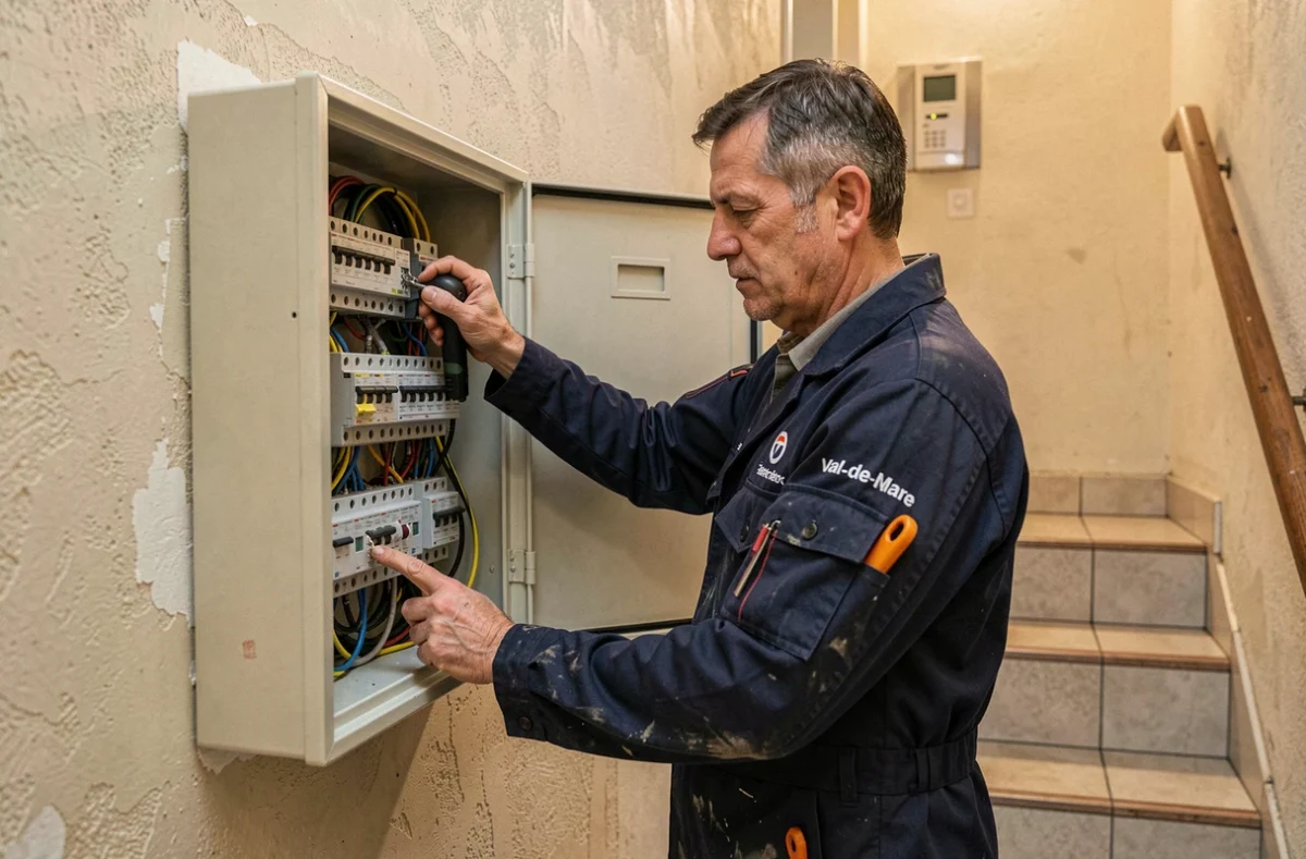 Artisan électricien Pro Elec 94 intervenant dans la cage d'escalier d'un immeuble du Val-de-Marne