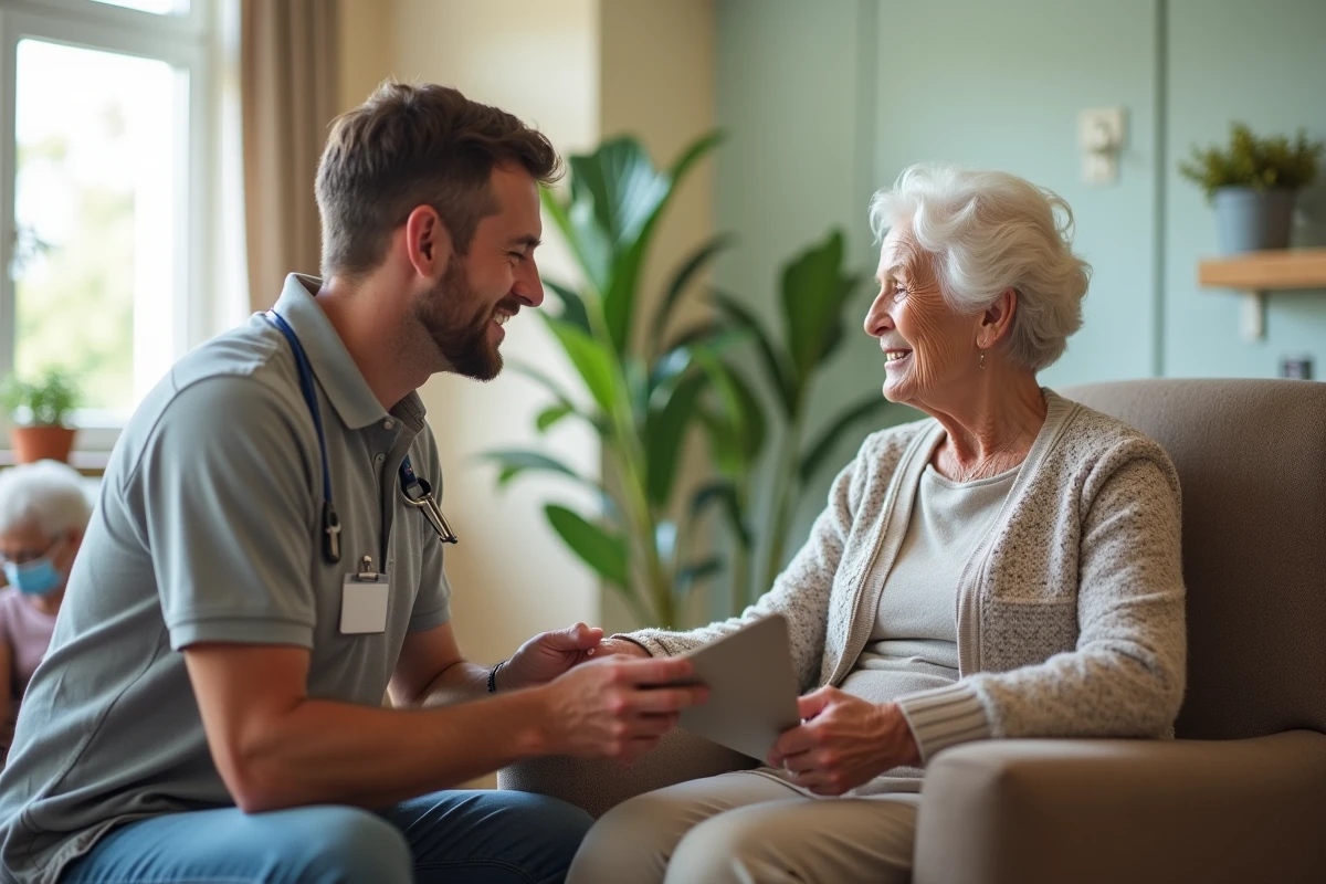 Professionnel médico-social évaluant la qualité d'accompagnement auprès d'une résidente en EHPAD