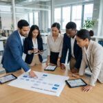 Groupe de professionnels discutant autour d'une carte de processus