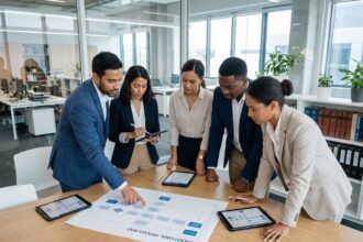 Groupe de professionnels discutant autour d'une carte de processus