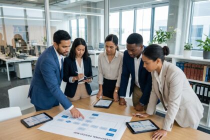 Groupe de professionnels discutant autour d'une carte de processus