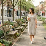 Femme se promenant dans un parc de ville pendant un jour férié en mai, entourée de fleurs printanières et d'allées désertes