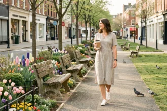 Femme se promenant dans un parc de ville pendant un jour férié en mai, entourée de fleurs printanières et d'allées désertes