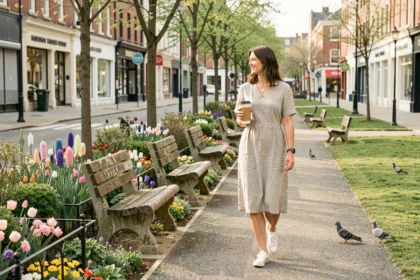 Femme se promenant dans un parc de ville pendant un jour férié en mai, entourée de fleurs printanières et d'allées désertes