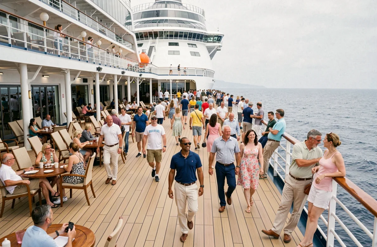 Passagers animant la promenade extérieure d'un paquebot de croisière en pleine mer