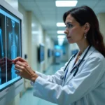 Radiologue femme examinant un rayon X dans un centre médical