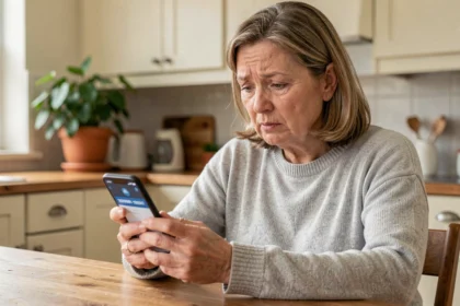 Femme utilisant un smartphone pour effectuer une recherche dans un annuaire téléphonique inversé