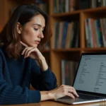 Femme cherchant un chanteur par initiale sur un site de musique depuis son bureau à domicile