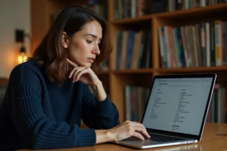 Femme cherchant un chanteur par initiale sur un site de musique depuis son bureau à domicile