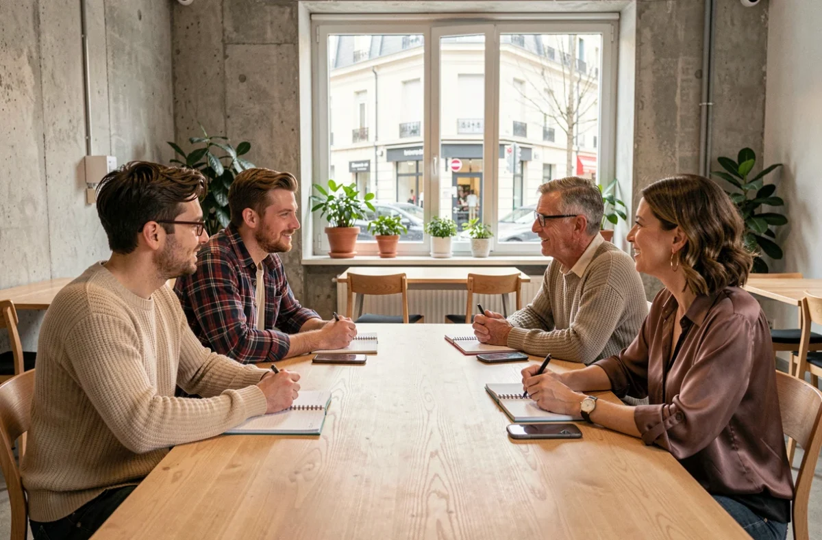 Petit groupe d'adultes réunis dans un espace associatif en région française pour une rencontre communautaire trans, ambiance chaleureuse et inclusive
