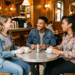 Groupe de jeunes adultes discutant autour d'un café dans un bistro parisien, illustrant les rencontres communautaires trans à Paris