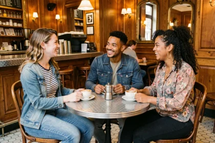 Groupe de jeunes adultes discutant autour d'un café dans un bistro parisien, illustrant les rencontres communautaires trans à Paris