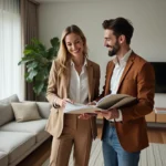 Femme et designer d'intérieur souriants dans un salon rénové