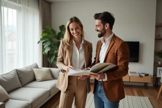 Femme et designer d'intérieur souriants dans un salon rénové