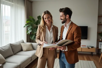 Femme et designer d'intérieur souriants dans un salon rénové