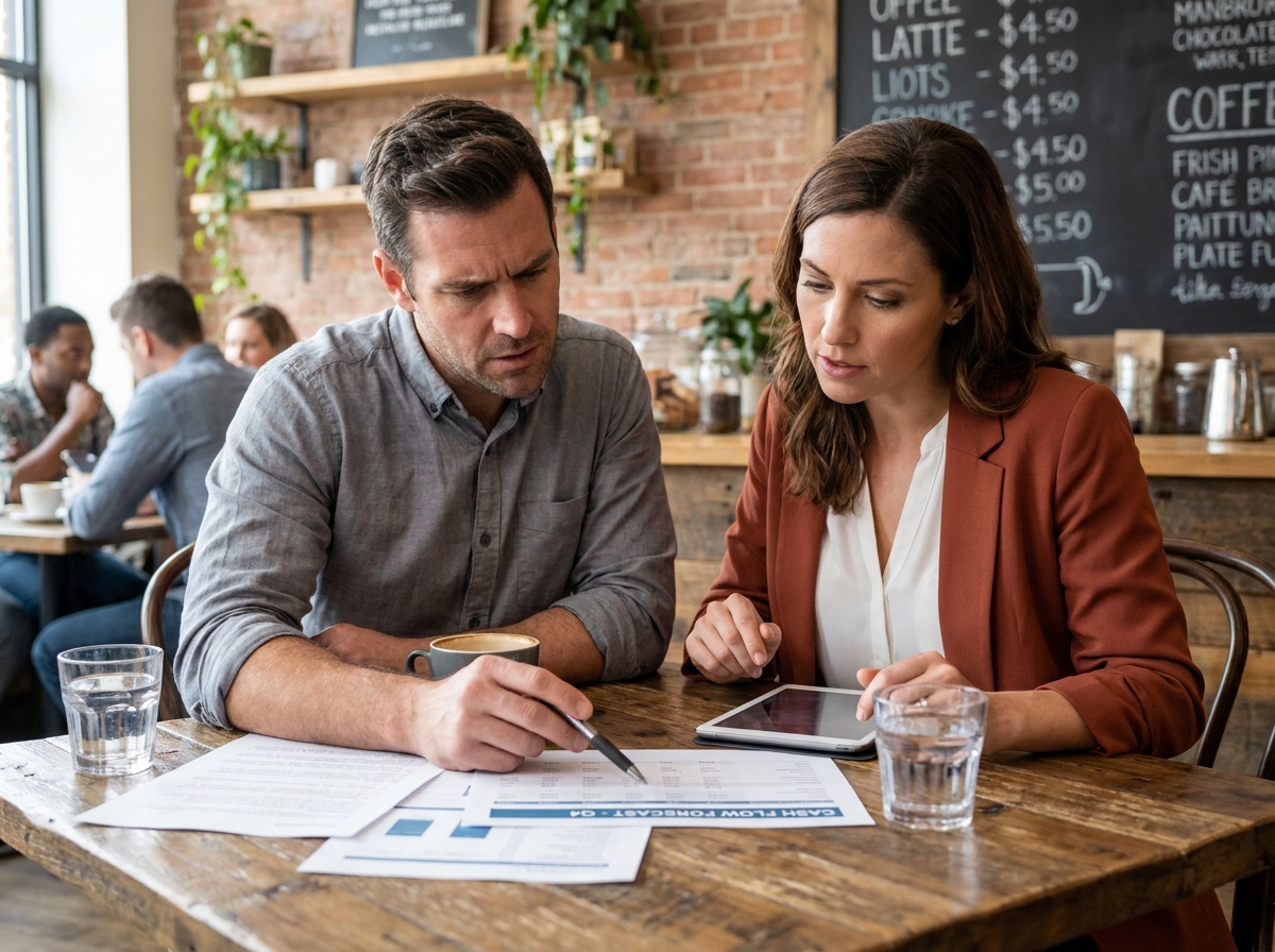 Deux auto-entrepreneurs discutant d'un plan de trésorerie autour d'un tableau de flux financiers dans un café