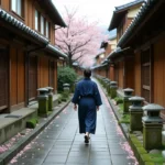 Ruelle traditionnelle de Kyoto au Japon avec une femme en yukata marchant entre des maisons en bois et des lanternes en pierre