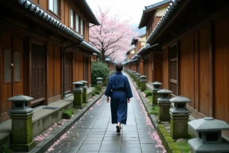 Ruelle traditionnelle de Kyoto au Japon avec une femme en yukata marchant entre des maisons en bois et des lanternes en pierre