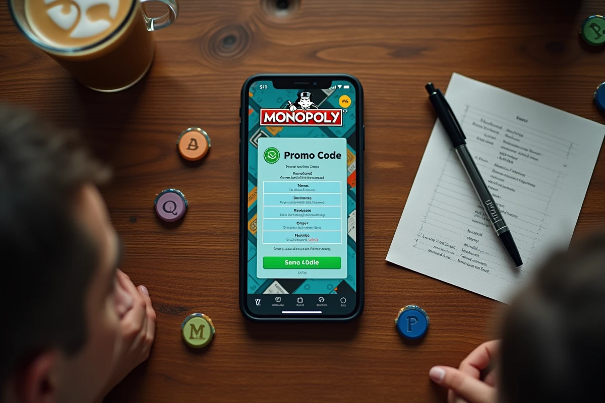 Vue aérienne d'un smartphone affichant l'écran de saisie de code promo Monopoly GO avec des jetons de jeu et une liste imprimée