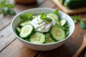 Salade de concombre et crème dans un bol blanc rustique