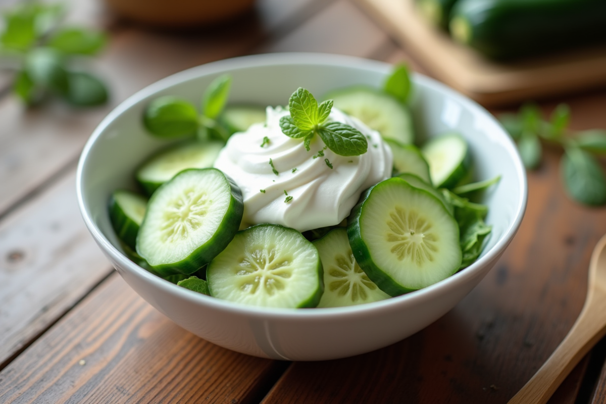 Salade de concombre et crème dans un bol blanc rustique