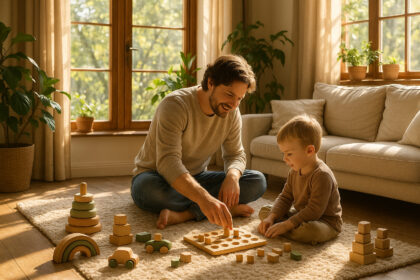 Salon chaleureux avec lumière naturelle et famille jouant