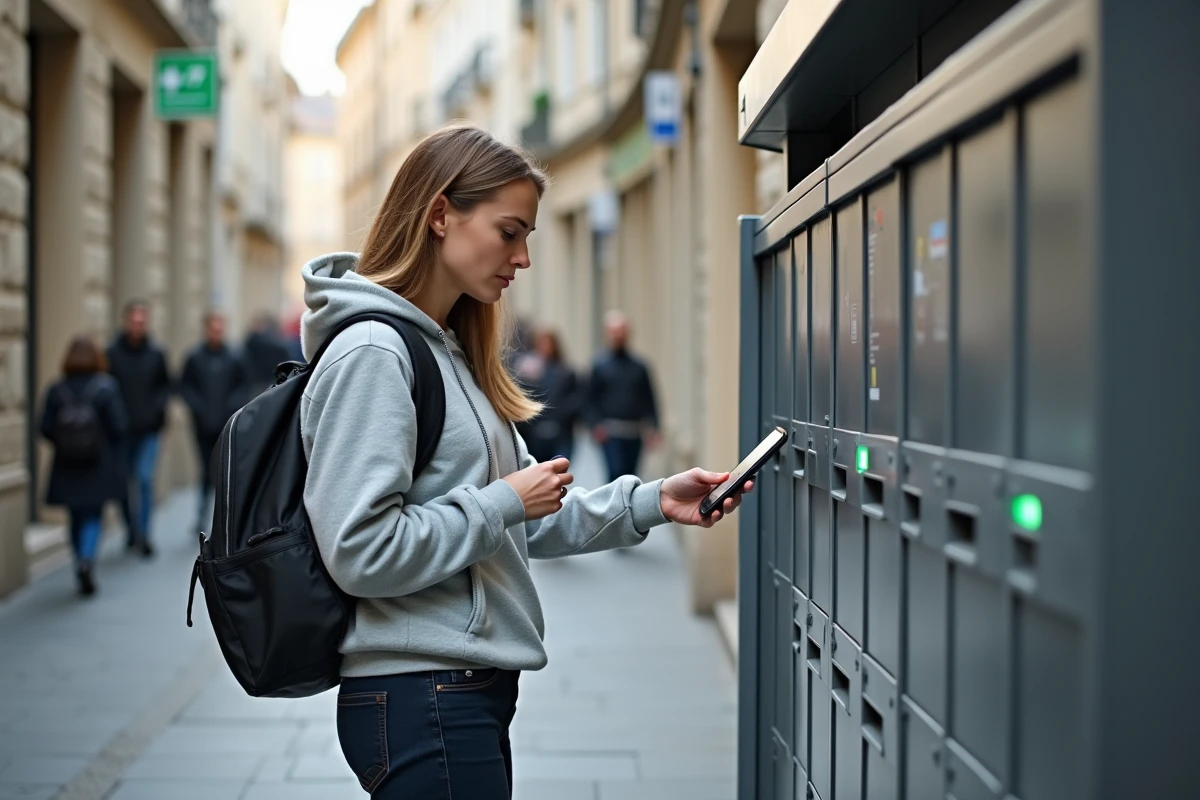 Jeune femme scannant un colis à une consigne automatique Mondial Relay en milieu urbain français