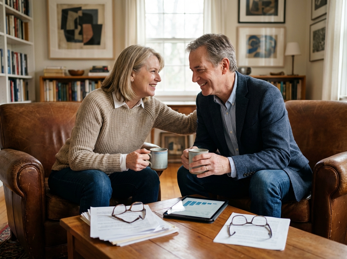Couple de seniors discutant dans un salon chaleureux