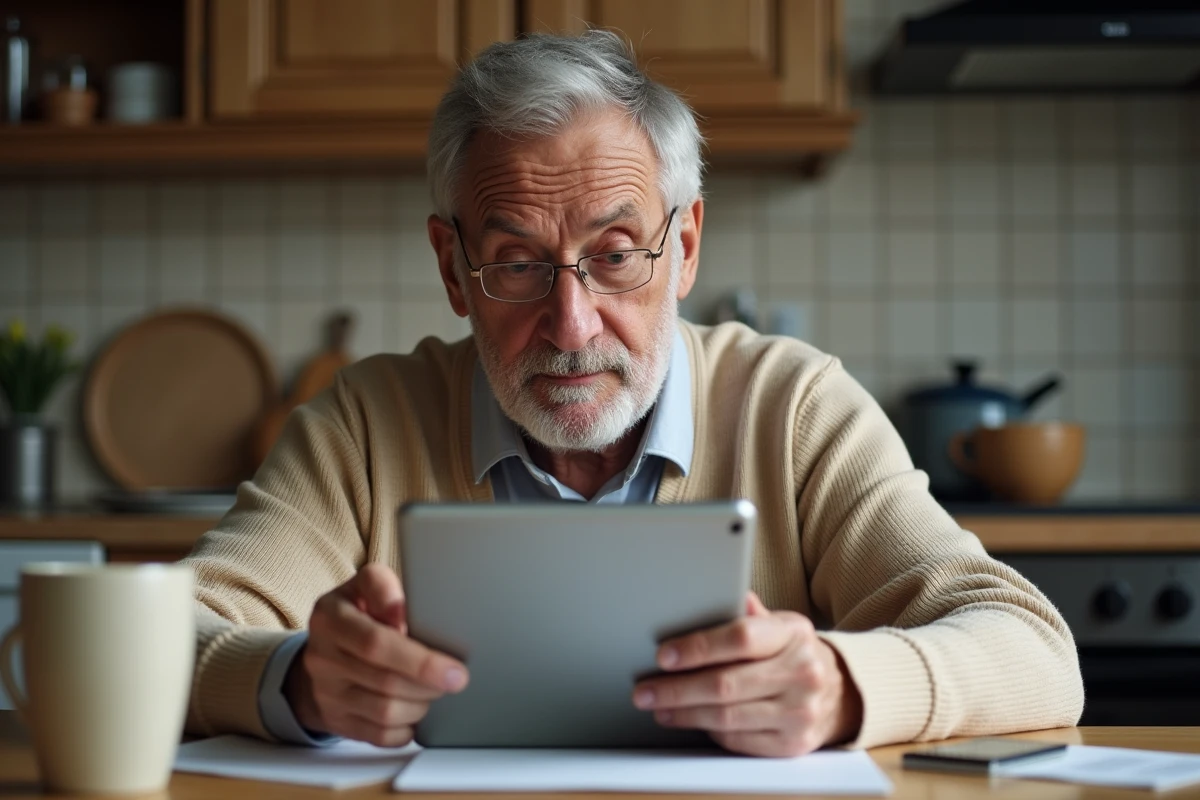Senior consultant le portail Ant gouvernement sur une tablette numérique dans une cuisine pour réaliser ses démarches administratives
