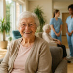 Femme âgée souriante dans un salon lumineux senior
