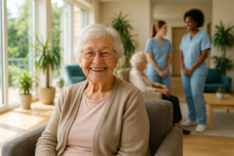 Femme âgée souriante dans un salon lumineux senior
