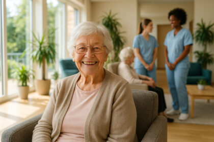 Femme âgée souriante dans un salon lumineux senior