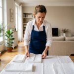 Professionnelle WeCasa pliant du linge propre dans un appartement parisien moderne