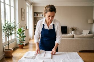 Professionnelle WeCasa pliant du linge propre dans un appartement parisien moderne