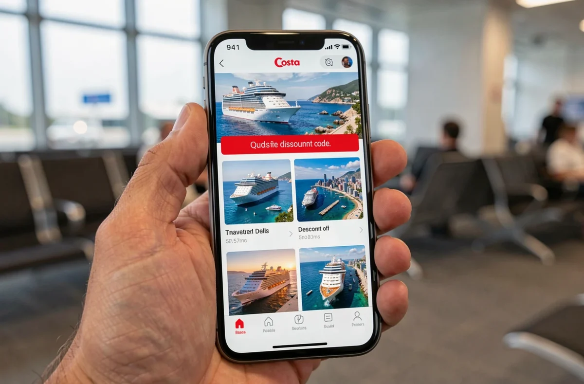 Gros plan d'un smartphone affichant un code promo pour une croisière Costa sur une application de voyages
