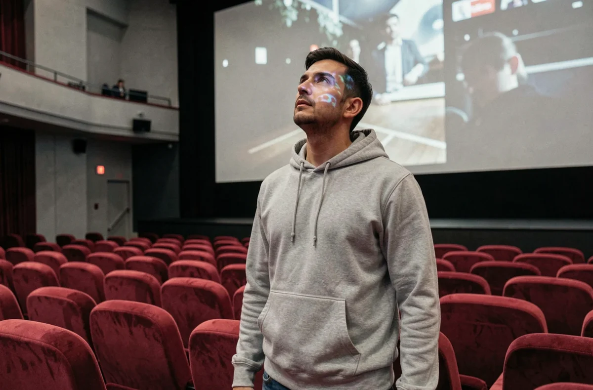 Homme admirant un film Spider-Man dans une grande salle de cinéma vide, évoquant l'expérience cinématographique de Mary Jane comparée à son incarnation dans les comics