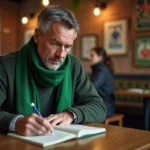 Homme avec écharpe SaintÉtienne consulte notes football