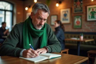 Homme avec écharpe SaintÉtienne consulte notes football