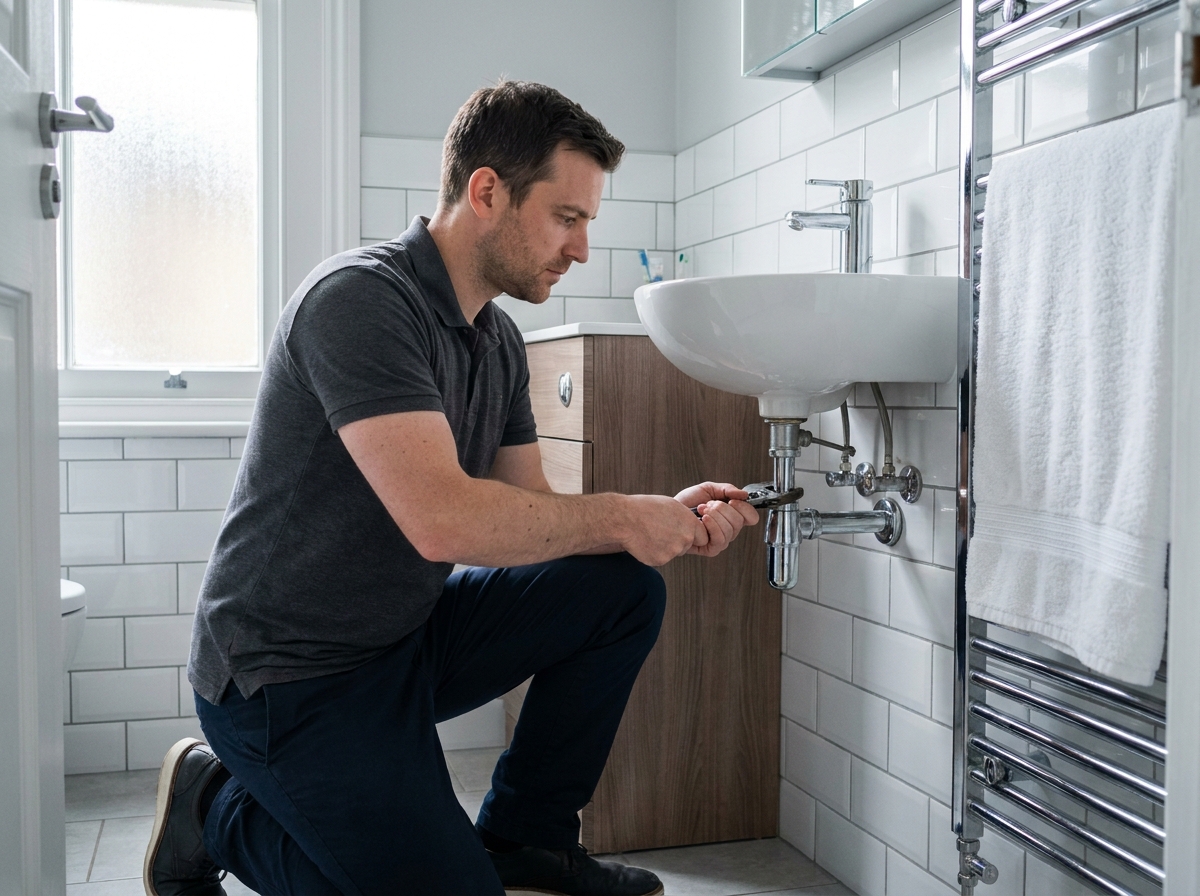 Technicien à domicile WeCasa réparant la plomberie d'une salle de bain