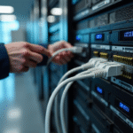 Technicien réseau connectant un câble Hairnet à un serveur