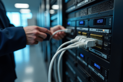 Technicien réseau connectant un câble Hairnet à un serveur