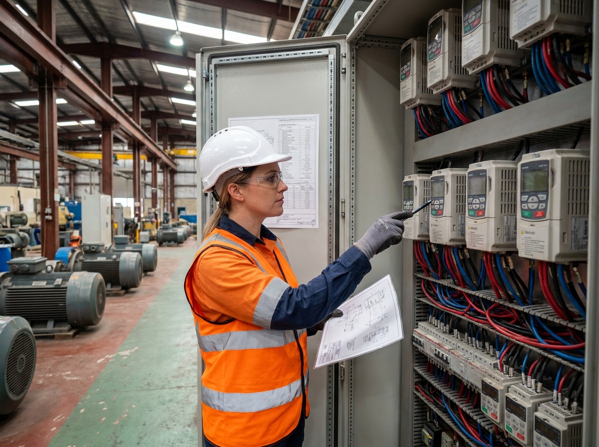 Technicienne analysant un coffret de variateurs de vitesse dans un atelier industriel