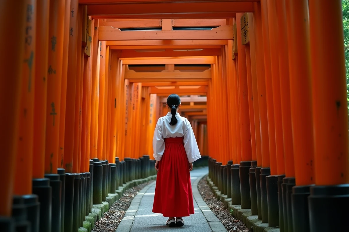 Femme en tenue de miko debout entre les torii rouges du sanctuaire Fushimi Inari près de Kyoto au Japon