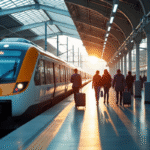 Train moderne à grande vitesse à la gare animée
