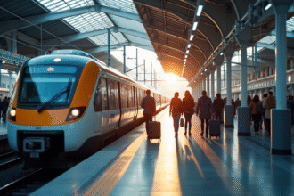 Train moderne à grande vitesse à la gare animée