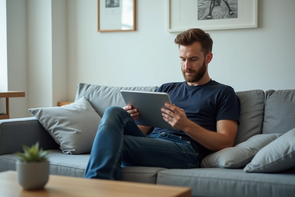 Homme adulte consultant un site de lecture de manga sur une tablette dans un salon moderne