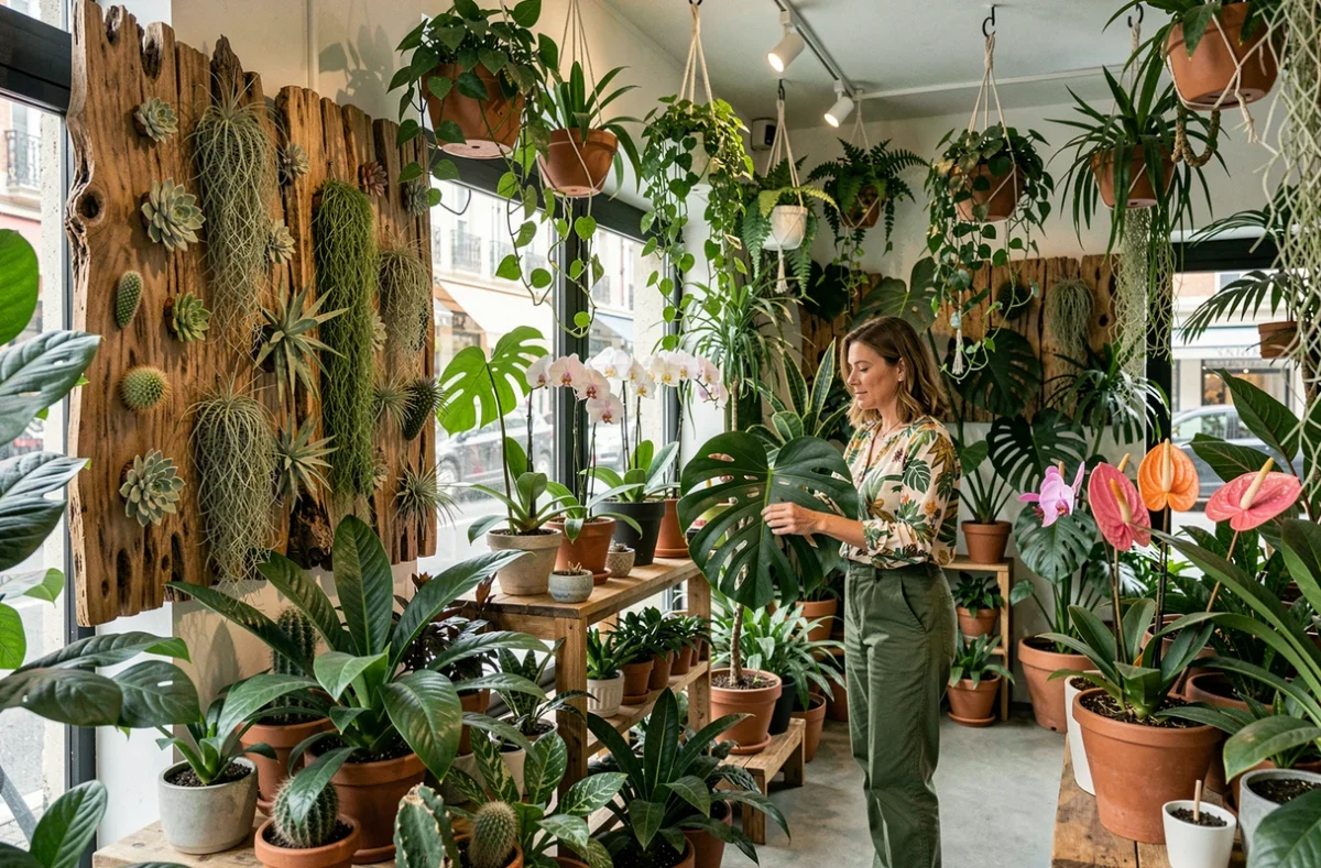 Intérieur luxuriant de la boutique Végétal Passion avec une fleuriste soignant un monstera parmi une profusion de plantes tropicales, succulentes et orchidées sur des présentoirs en bois étagés